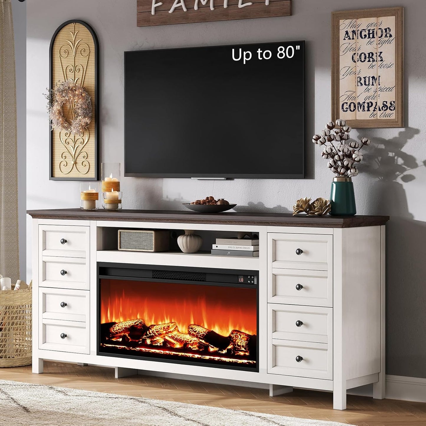 Farmhouse 70" Fireplace TV Stand with 37" Electric Fireplace for TVs up to 80", Media Entertainment Center with 4 Drawers, Rustic TV Console Storage Cabinet for Living Room