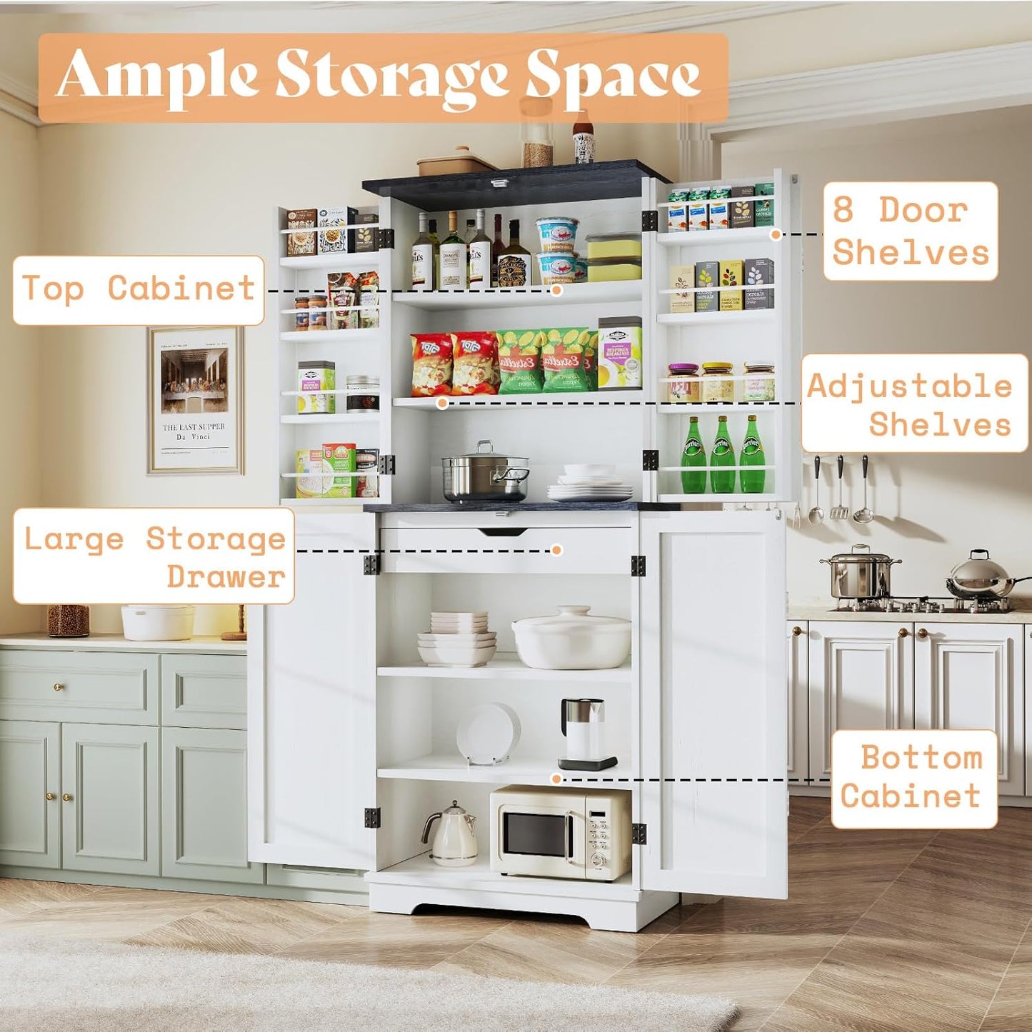 AMERLIFE Farmhouse Kitchen Pantry, Wooden Kitchen Cupboard with Drawer, 72" Tall Organizer Cabinet with Adjustable Shelves, Versatile Storage Cabinet for Kitchen, Dining Room