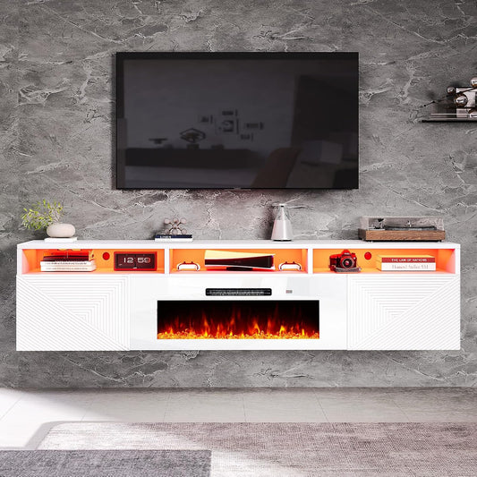 70" Floating TV Stand with Fireplace, Modern Wall Mounted Entertainment Center, White