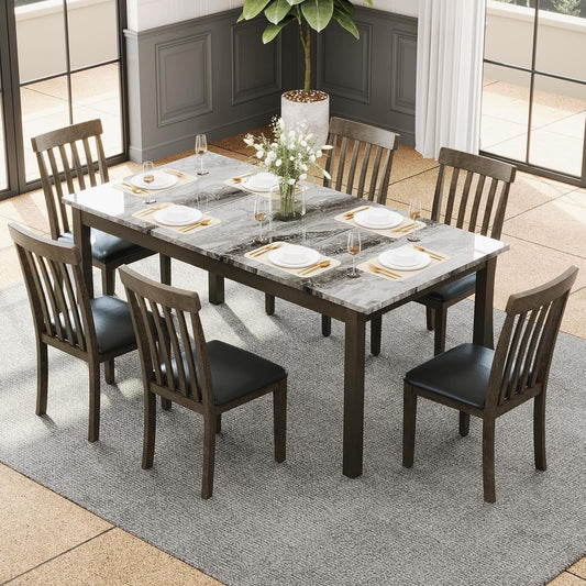 7-Piece Dining Table Set,71'' Solid Wood Table & Chair Set for Kitchen, Dining Room,Brown