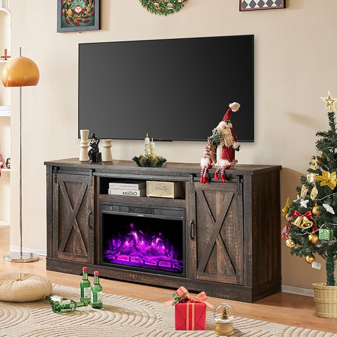VanAcc 59" Farmhouse Fireplace Entertainment Center with Storage Cabinets/Adjustable Shelves