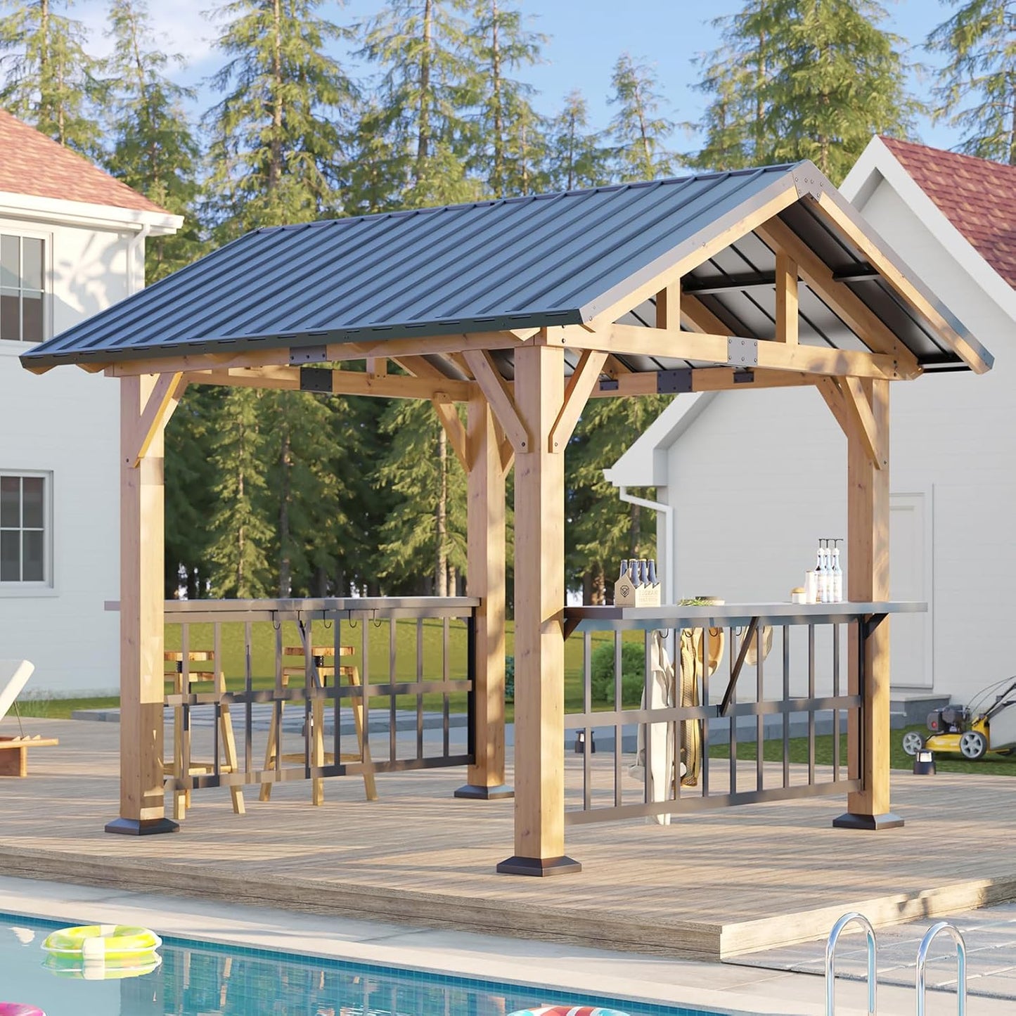 Wood Gazebo,Hardtop Grill with Metal Steel Roof,Outdoor Pavilion with Bar Counters