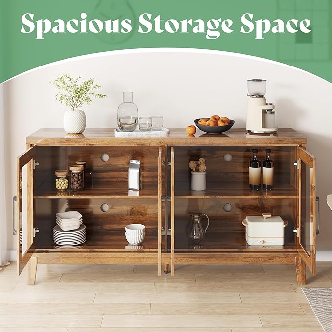 63'' Buffet Cabinet, High Gloss Wooden Sideboard with 4 Glass Door, Sideboard Buffets Cabinet with Storage for Dining Room, Living Room, Kitchen, Oak