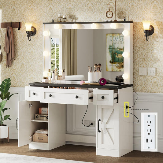 Farmhouse Makeup Vanity Table Set with Mirror, Lights, Drawers & Charging Station, White
