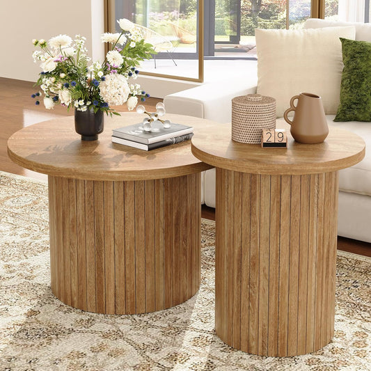 Rustic Coffee Table Set,Wood Finish Farmhouse Round Sofa Side Tables for Living Room,Office