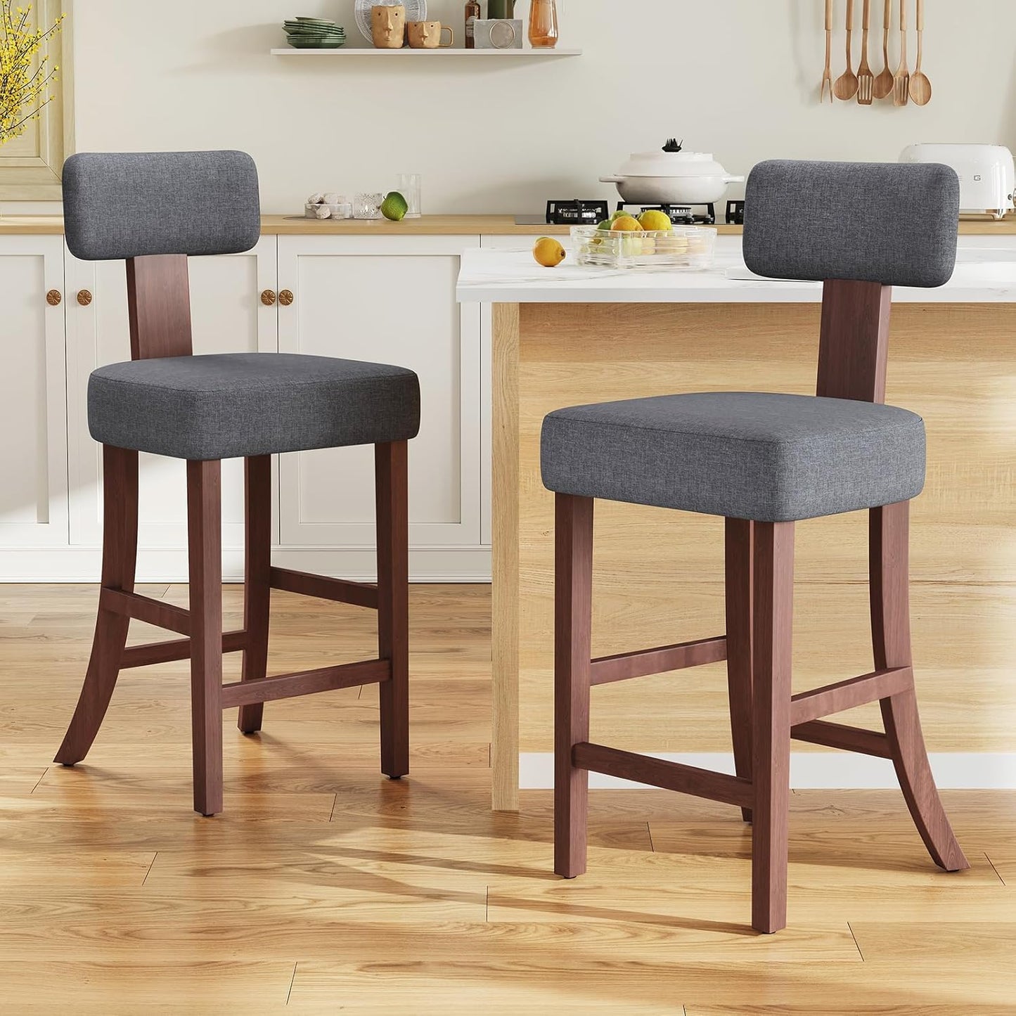 Mid Century Bar Stools Set of 2,Sherpa Upholstered Island Chairs with Adjustable Feet,White