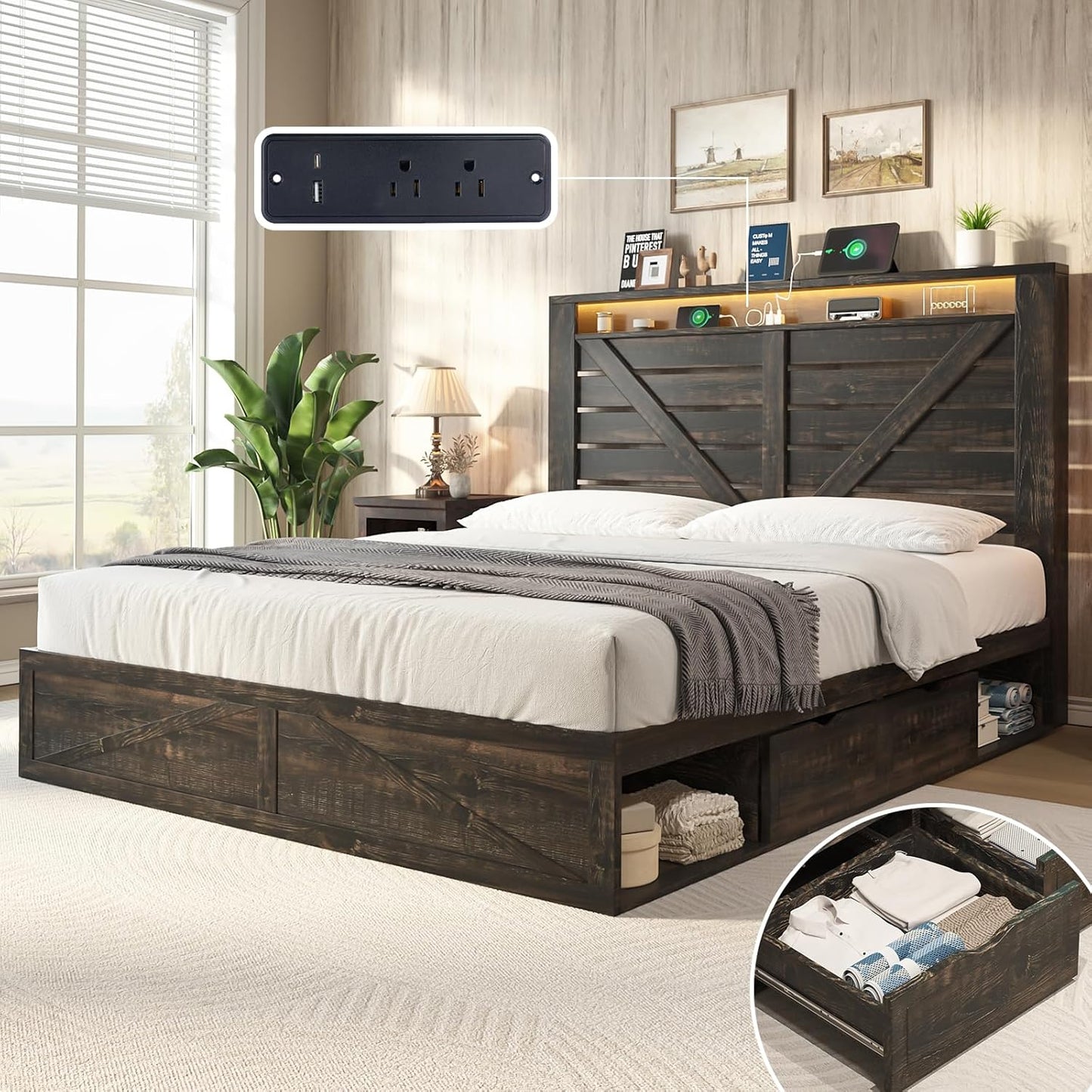 Amerlife Storage Bed Frame with 4 Drawers & LED Light, Charging Station