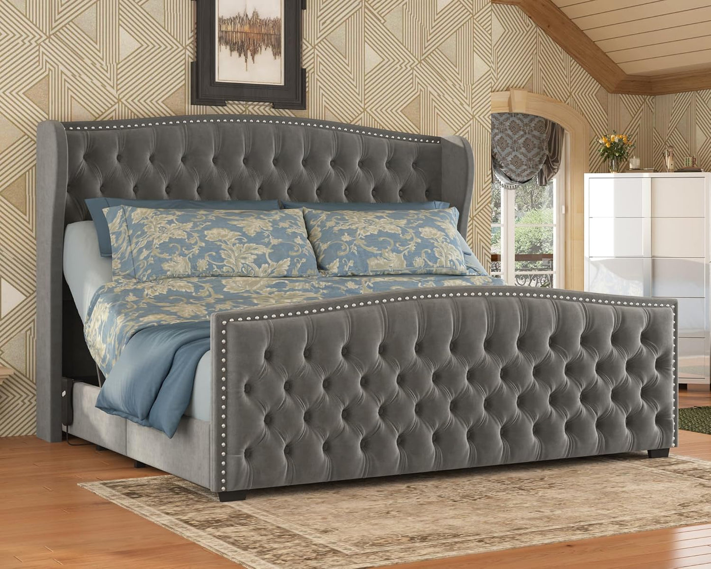 51" H Queen Size Adjustable Bed Frame with Dual Motor/Nailhead Trim Wingback, Cream