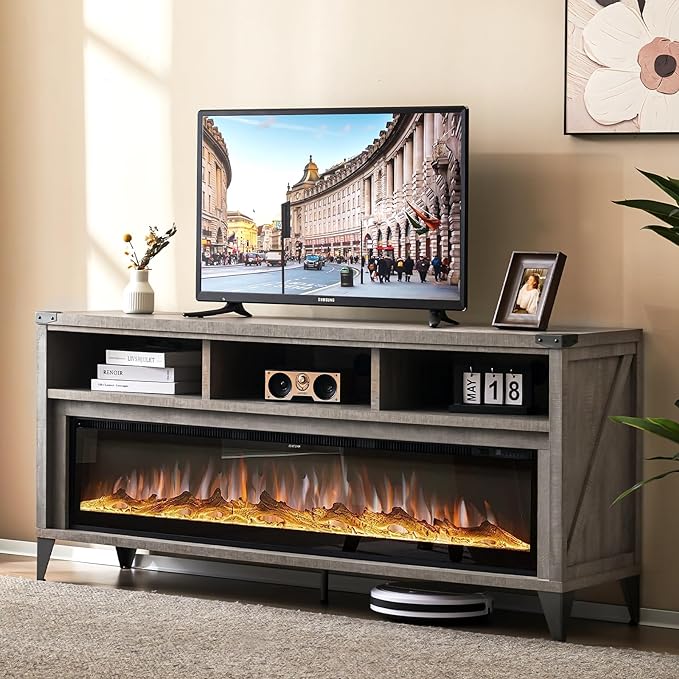 65" Fireplace TV Stand with 60" Glass Electric Fireplace, Industrial & Farmhouse Media Entertainment Center with Open Shelve Storage for TVs Up to 75", TV Console for Living Room, Gray