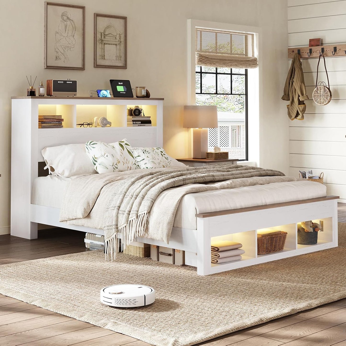 VANACC Farmhouse Bed Frame with Storage Bookcase Headboard and Footboard, Storage Wood Platform Bed Frame with Wood Slats Support, Noiseless LED Bed Frame