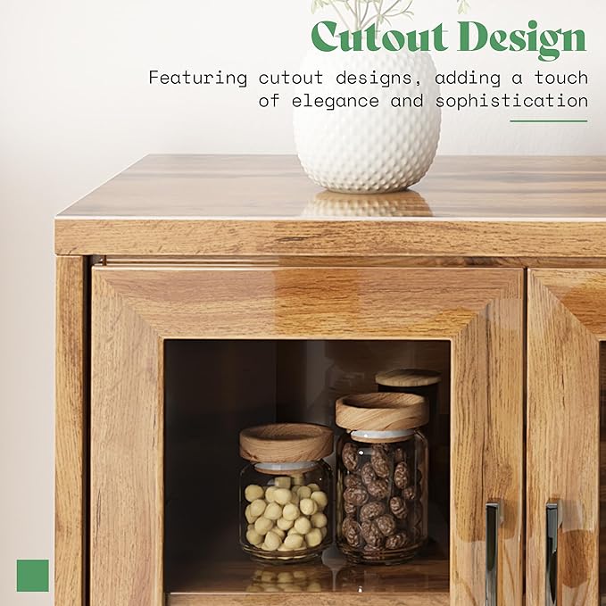 63'' Buffet Cabinet, High Gloss Wooden Sideboard with 4 Glass Door, Sideboard Buffets Cabinet with Storage for Dining Room, Living Room, Kitchen, Oak