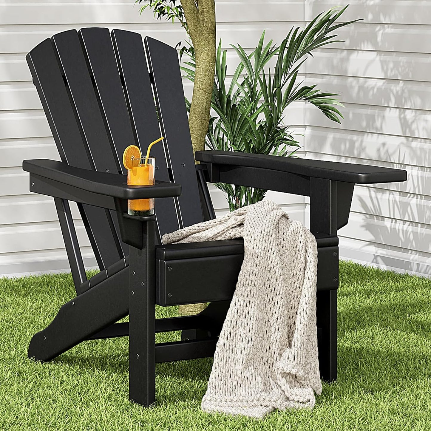 Adirondack Chairs Set of 2, Outdoor Chairs with Cup Holder and Wide Armrests for Patio, Garden, Deck, Porch, Lawn, Pool and Backyard