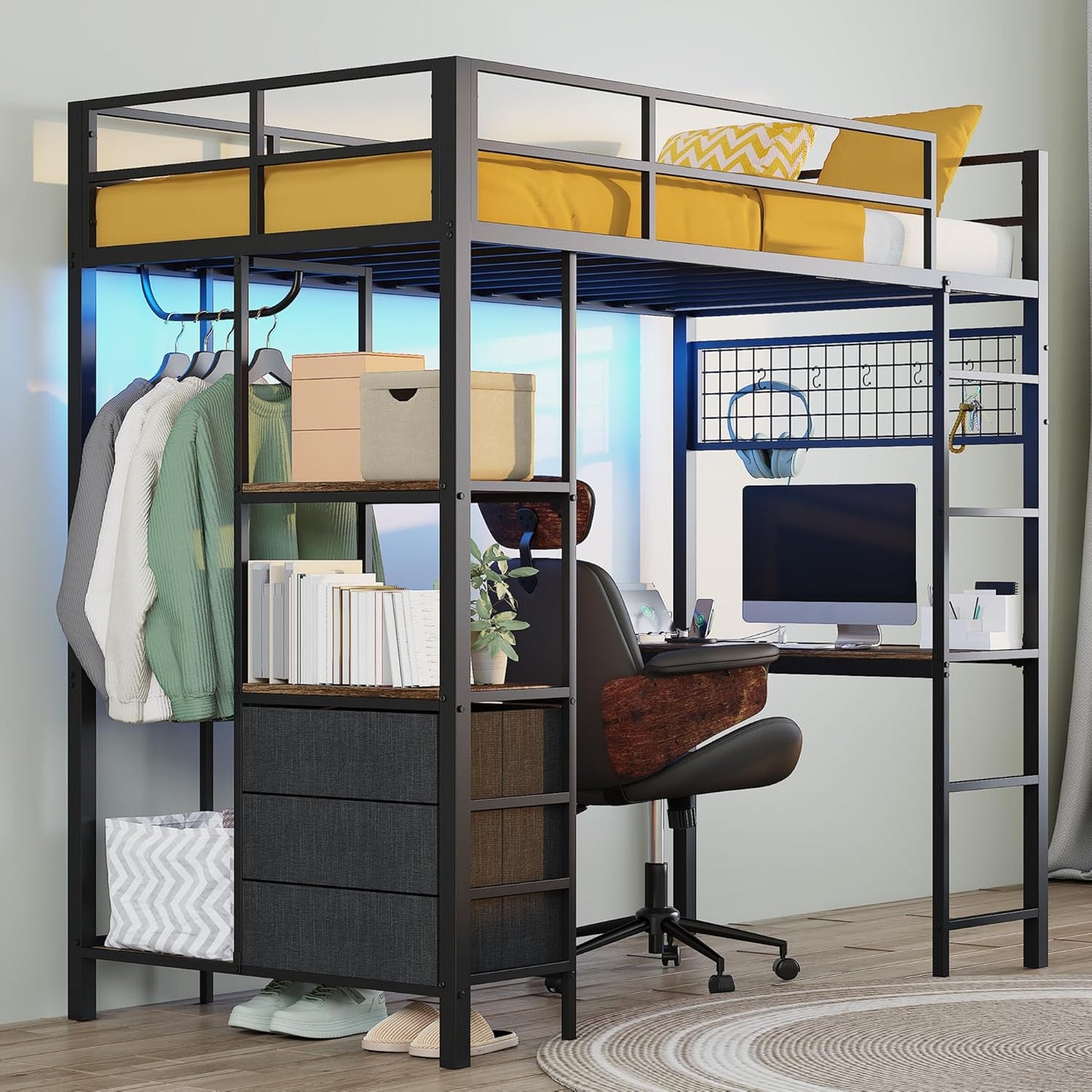 Twin Loft Bed Frame with Storage Drawers & Charging Station, LED Lights, Black