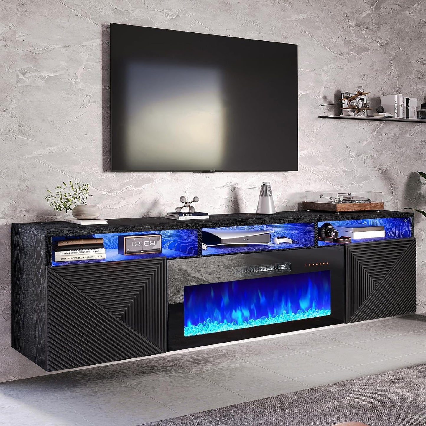 70" Floating TV Stand with Fireplace, Modern Wall Mounted Entertainment Center, White