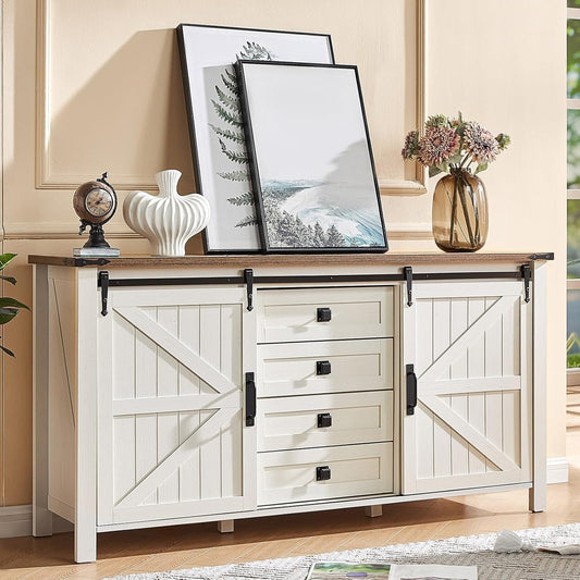 Sideboard Buffet Cabinet with Sliding Barn Doors & 4 Drawers for Dining Living Room, White