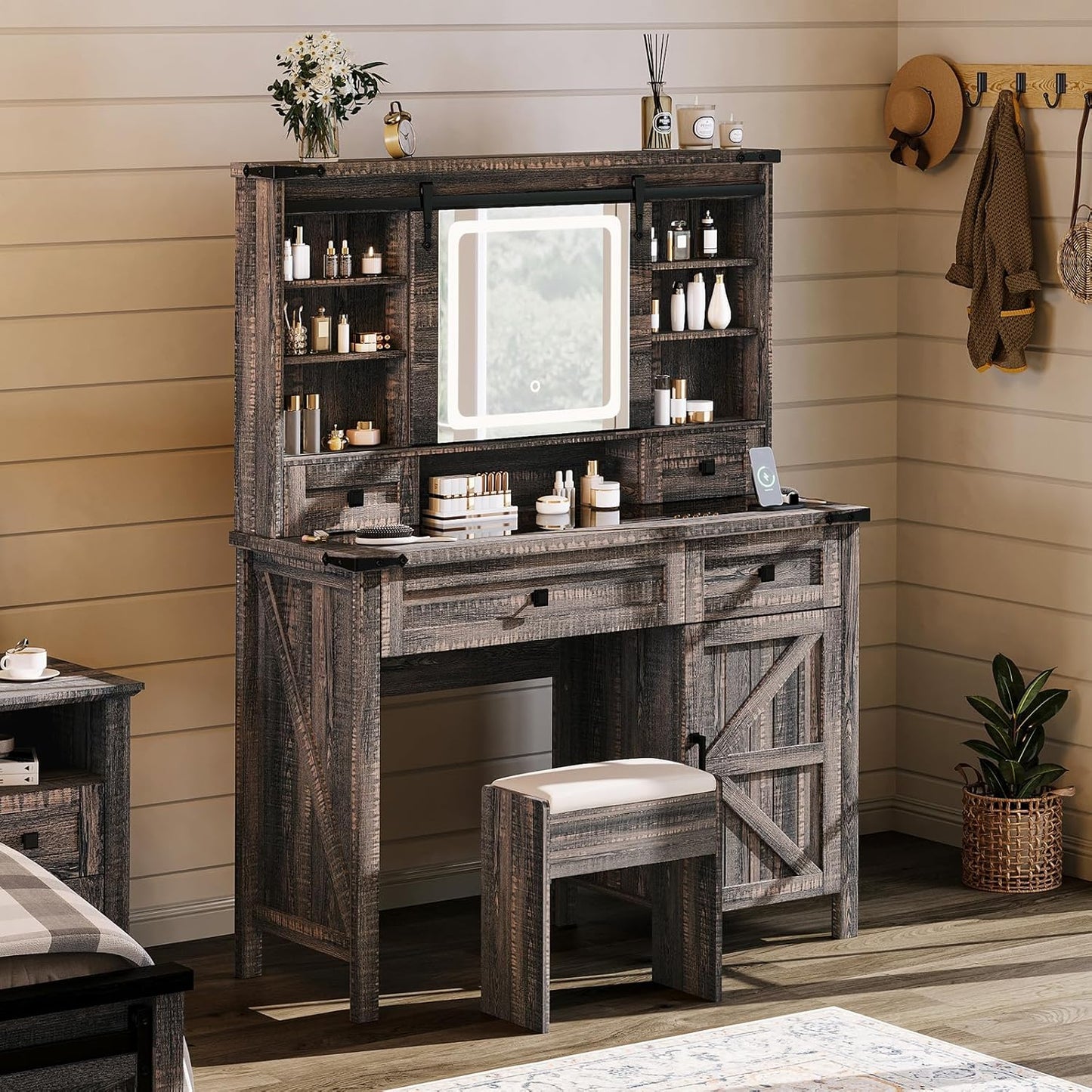 42'' Farmhouse Makeup Vanity Desk with Sliding Mirror and Lights, Glass Tabletop Vanity Table with 2 Drawers & Shelves for Bedroom