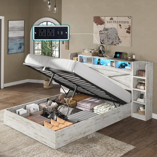 Amerlife Bed Frame with Lift Up Storage & Bookcase Headboard, LED & Charging