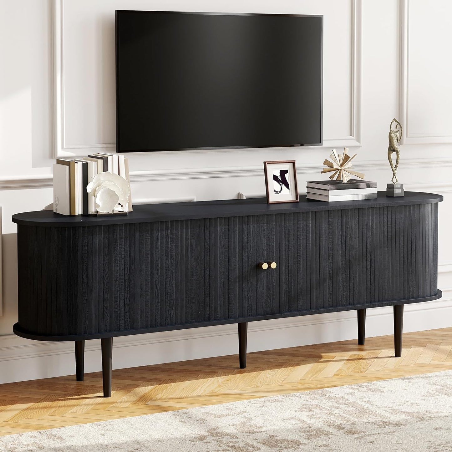70" Mid Century TV Stand with Tambour Door & Wood Legs, Dust-Proof Storage Cabinet, Brown