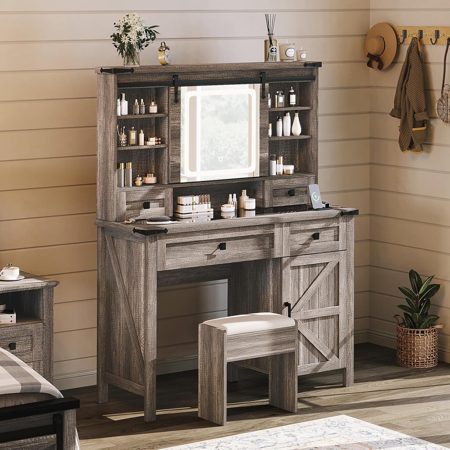 42'' Farmhouse Makeup Vanity Desk with Sliding Mirror and Lights, Glass Tabletop Vanity Table with 2 Drawers & Shelves for Bedroom