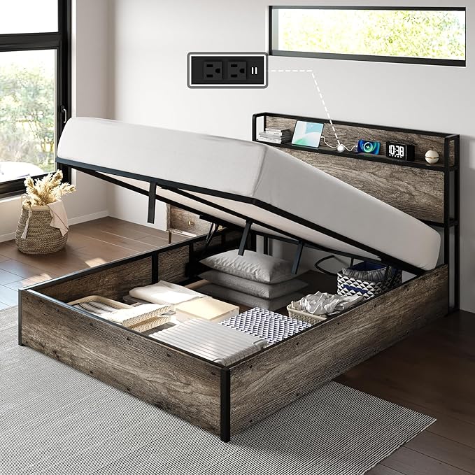 VANACC Lift Up Storage Bed, Storage Headboard & Charging Station
