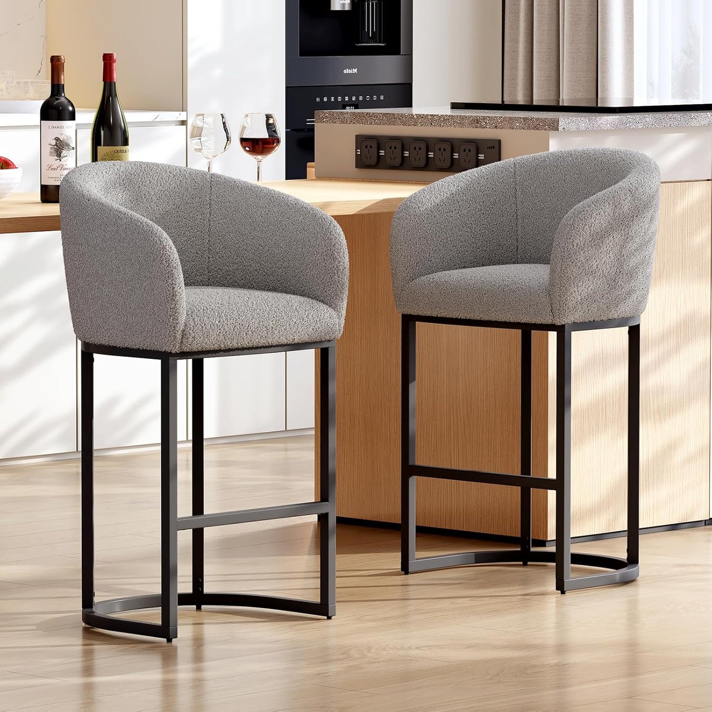 Modern Bar Stools for Kitchen Counter, White Boucle Chair with Arms and Footrest
