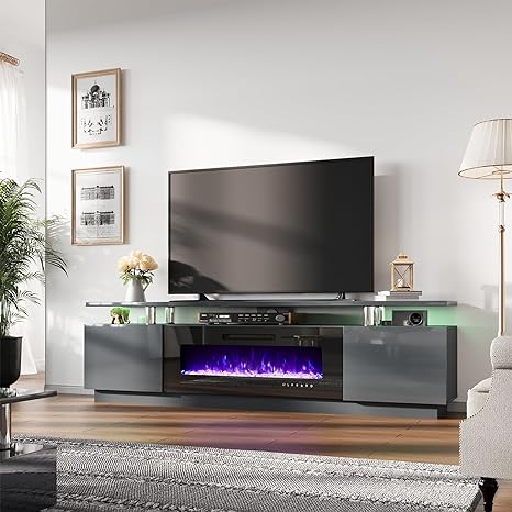 PLAUIN Fireplace TV Stand with 40" Fireplace, 80" Modern High Gloss Fireplace Entertainment Center LED Lights, 2 Tier TV Console Cabinet for TVs Up to 90"