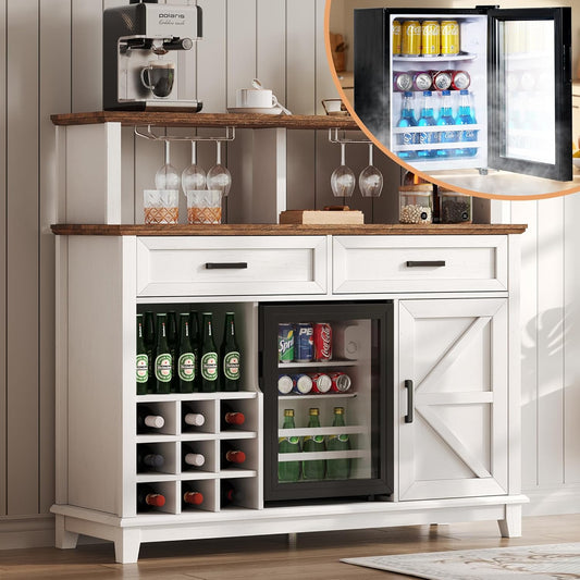 47" Farmhouse Coffee Bar Cabinet with 15" Refrigerator & Wine Rack & Glass Holder, Wine Cabinet with Storage Drawers & Open Shelves, Sideboard Buffet Cabinet for Dinging Room, Living Room