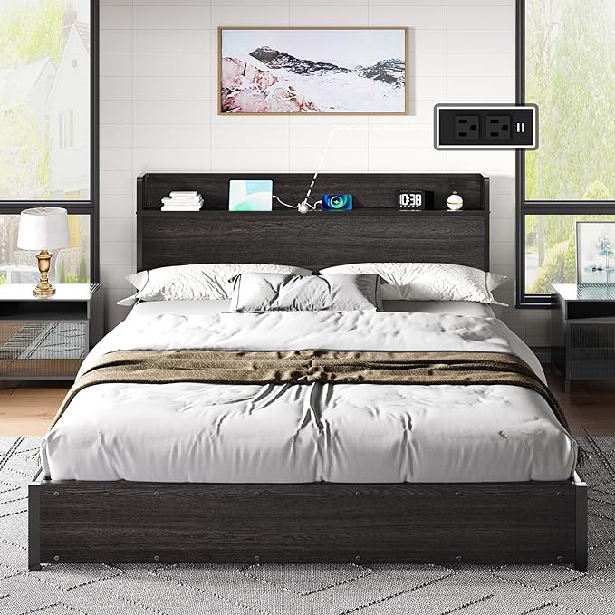 VANACC Lift Up Storage Bed, Storage Headboard & Charging Station
