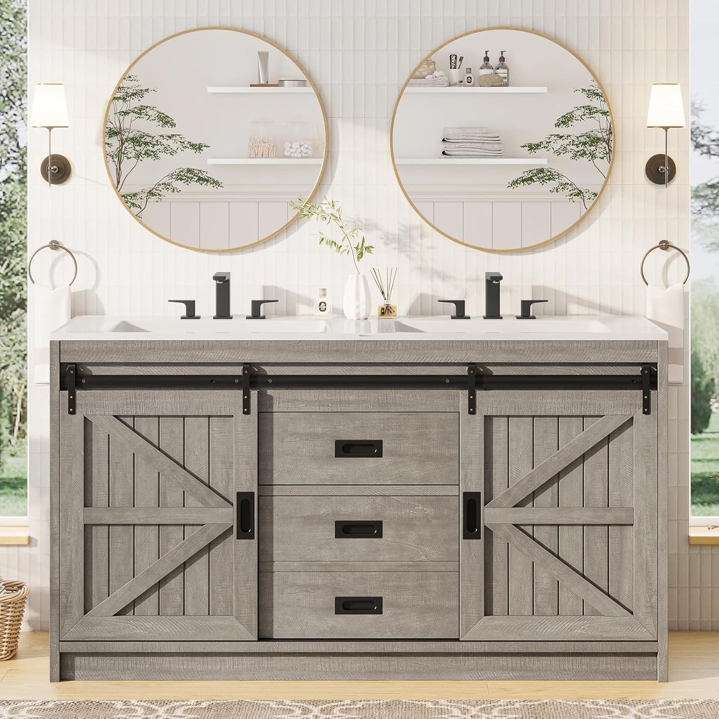 61" Farmhouse Double Bathroom Vanity with Sink Combo, Dual Basin Bathroom Storage Cabinet with Sliding Barn Doors & Drawers, Large Double Bath Vanity Sink Set