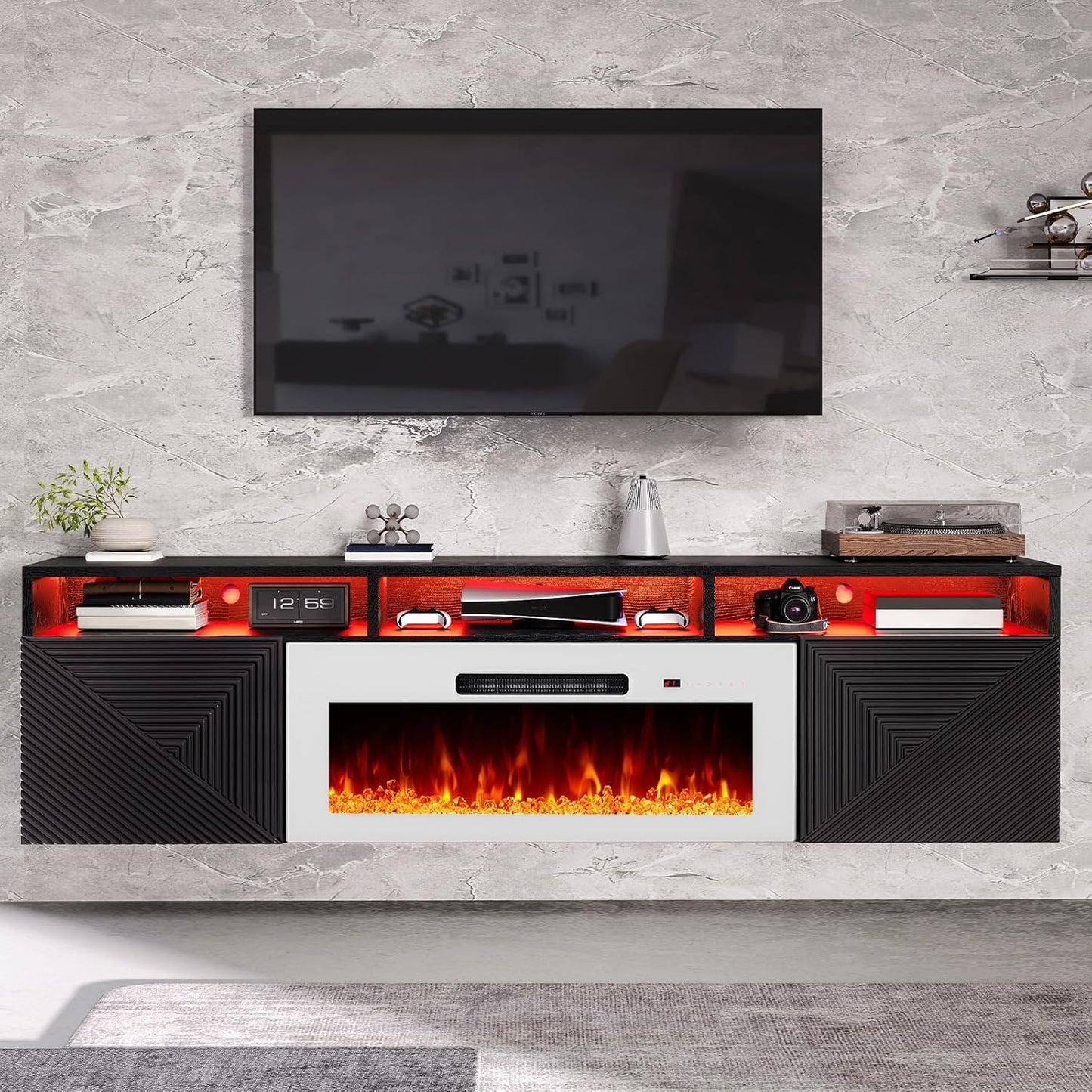 70" Floating TV Stand with Fireplace, Modern Wall Mounted Entertainment Center, White