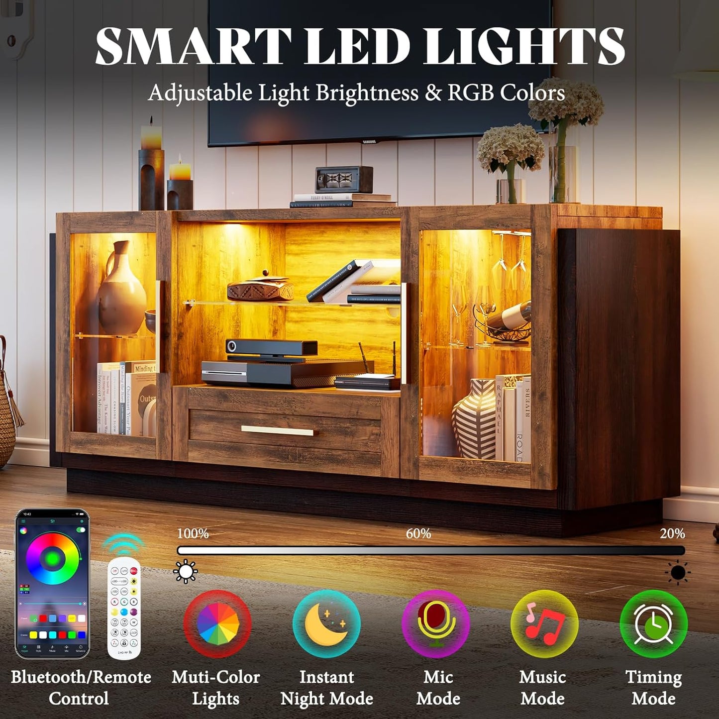 Thickened TV Stand with LED Lights, Media Entertainment Center with Glass Doors & Adjustable Shelves, Modern Storage TV Table, TV Console for Living Room for TVs up to 65"