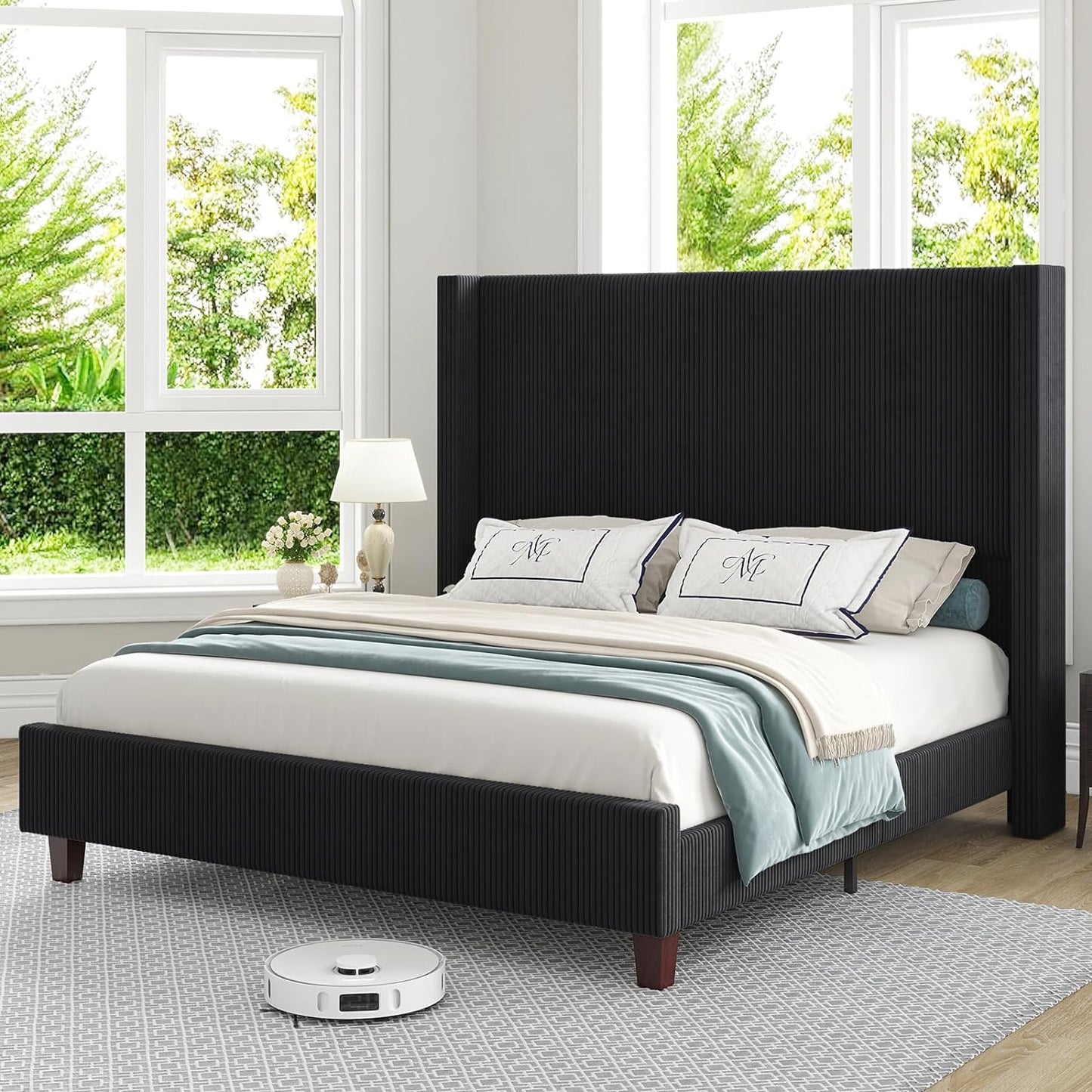 VANACC" Corduroy Upholstered Bed Frame, Platform Bed with Vertical Stripe Wingback Headboard, No Box Spring Needed/Noise Free/Solid Wood Slats & Legs