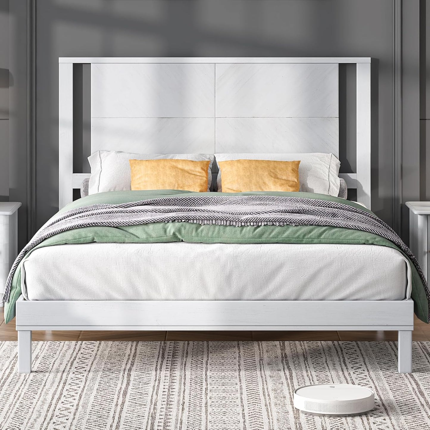 Solid Wood Queen Size Bed, Mid Century Modern Style Bedroom Furniture, Dark Brown