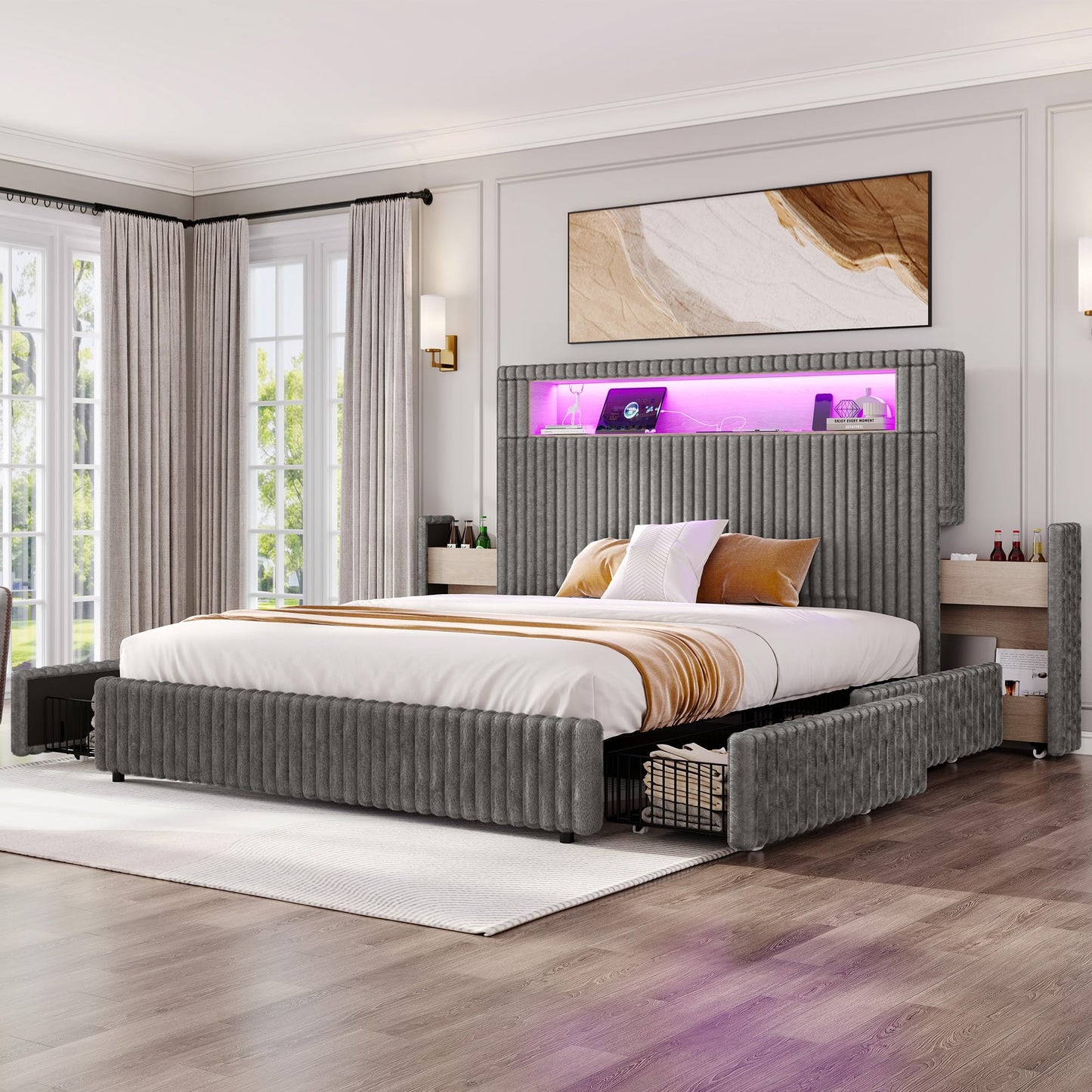 VANACC Storage Bed Frame with 51.2" Tall Upholstered Headboard, Built-in 6 Drawers & Bookcase, USB Ports & RGB LED Lights