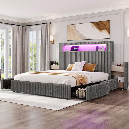 VANACC Storage Bed Frame with 51.2" Tall Upholstered Headboard, Built-in 6 Drawers & Bookcase, USB Ports & RGB LED Lights