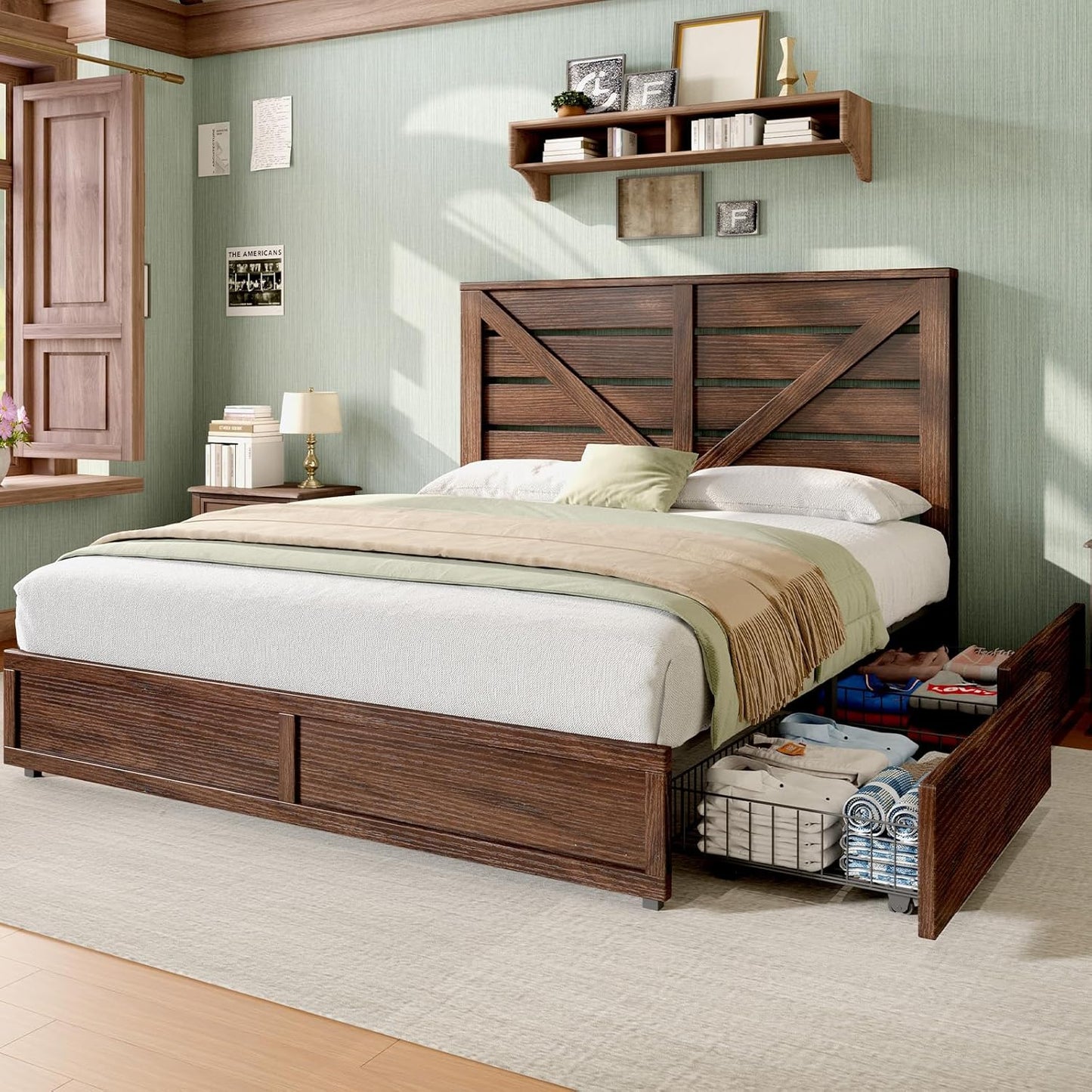 Full Size Farmhouse Bed Frame with Headboard, Wooden Storage Bedroom Furniture, White