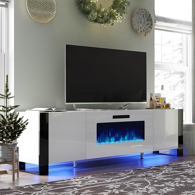 70" Fireplace TV Stand with 36" Electric Fireplace, High Gloss Entertainment Center with LED Lights, Modern Entertainment Stand for TVs up to 80", Black