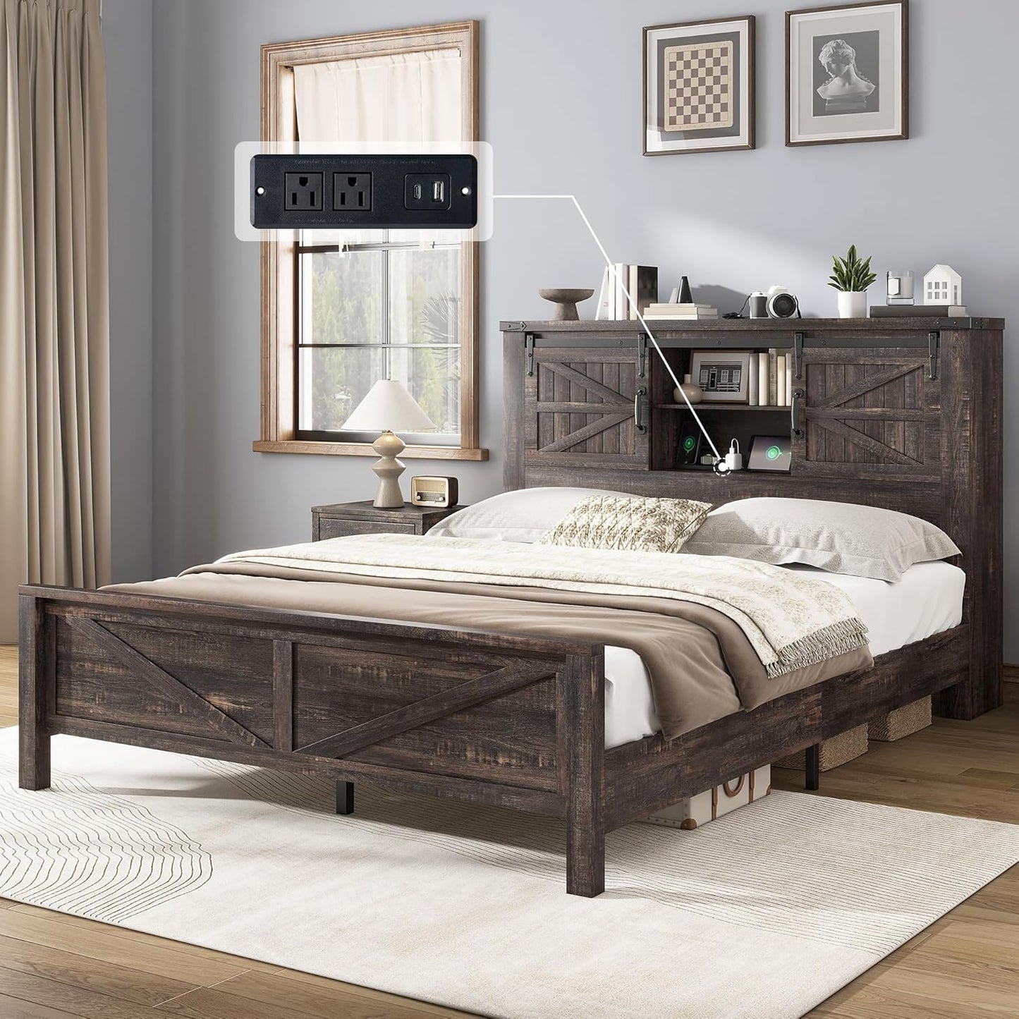 Farmhouse Full Bed Frame with Storage Bookcase & Charging Station, Bedroom Furniture, Black