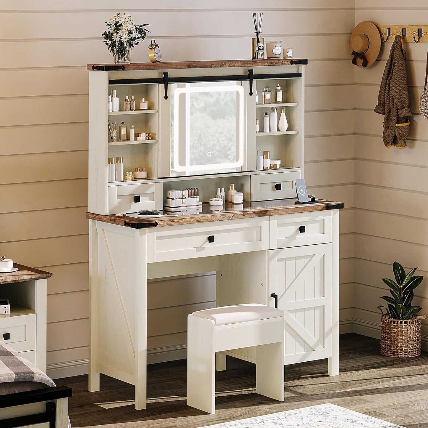 42'' Farmhouse Makeup Vanity Desk with Sliding Mirror and Lights, Glass Tabletop Vanity Table with 2 Drawers & Shelves for Bedroom