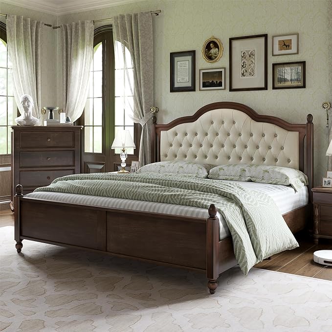 VANACC Wood Bed Frame with 52.5" Upholstered Headboard, Wood Slat Support, No Box Spring