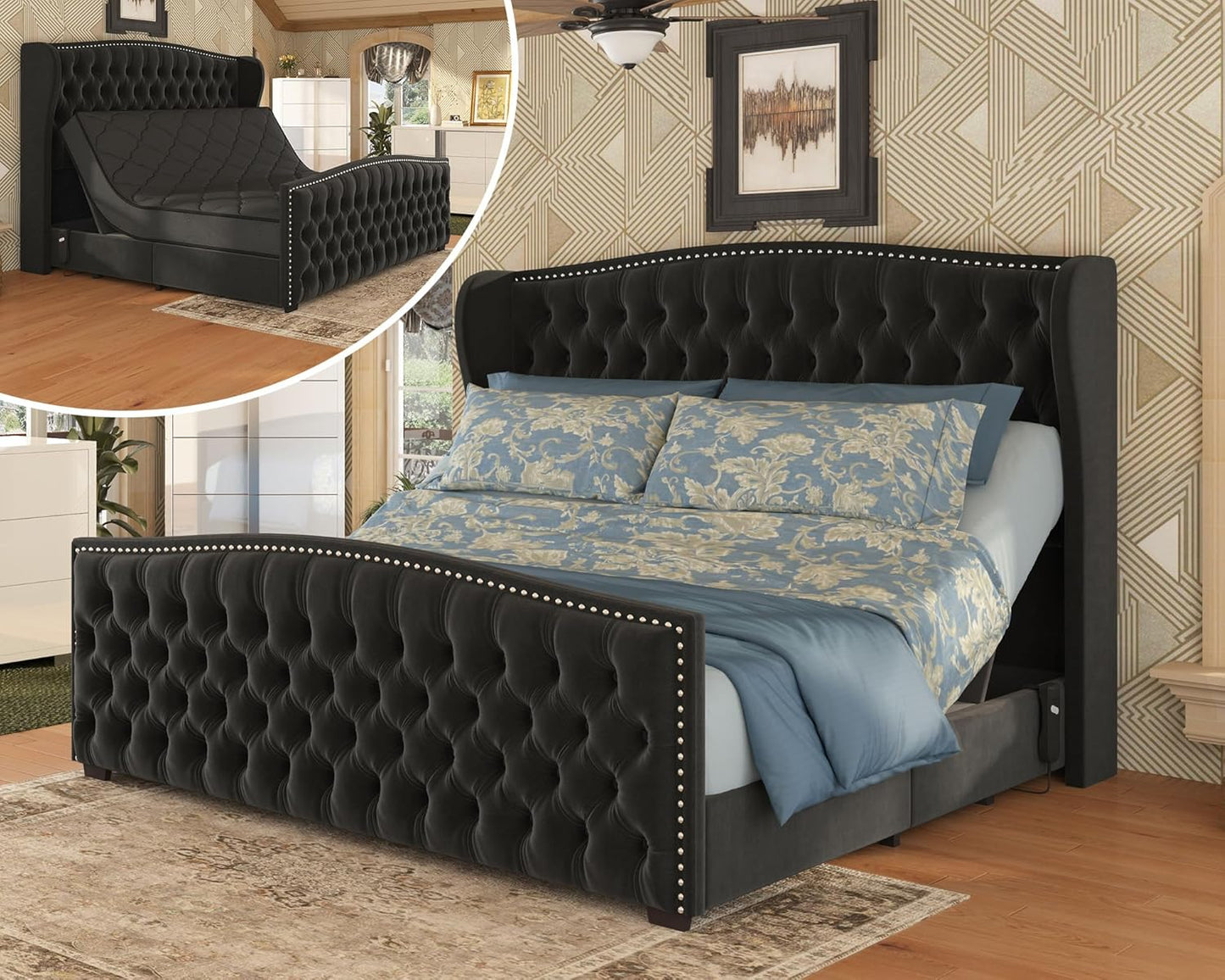51" H Queen Size Adjustable Bed Frame with Dual Motor/Nailhead Trim Wingback, Cream