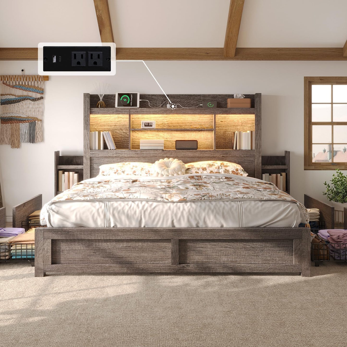 VanAcc Bed with 49.6" Bookcase Headboard, Dual Side Storage Racks, 4 Drawers, Built-in RGB LED Lighting, Charging Station – No Box Spring Required