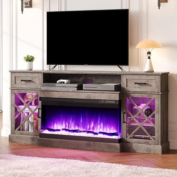 VANACC Farmhouse LED Fireplace TV Stand with 3-Sided Glass Fireplace, 70" Large Entertainment Center for TVs up to 80", Rustic TV Console with Glass Door Storage for Living Room