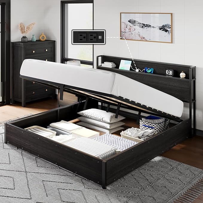 VANACC Lift Up Storage Bed, Storage Headboard & Charging Station
