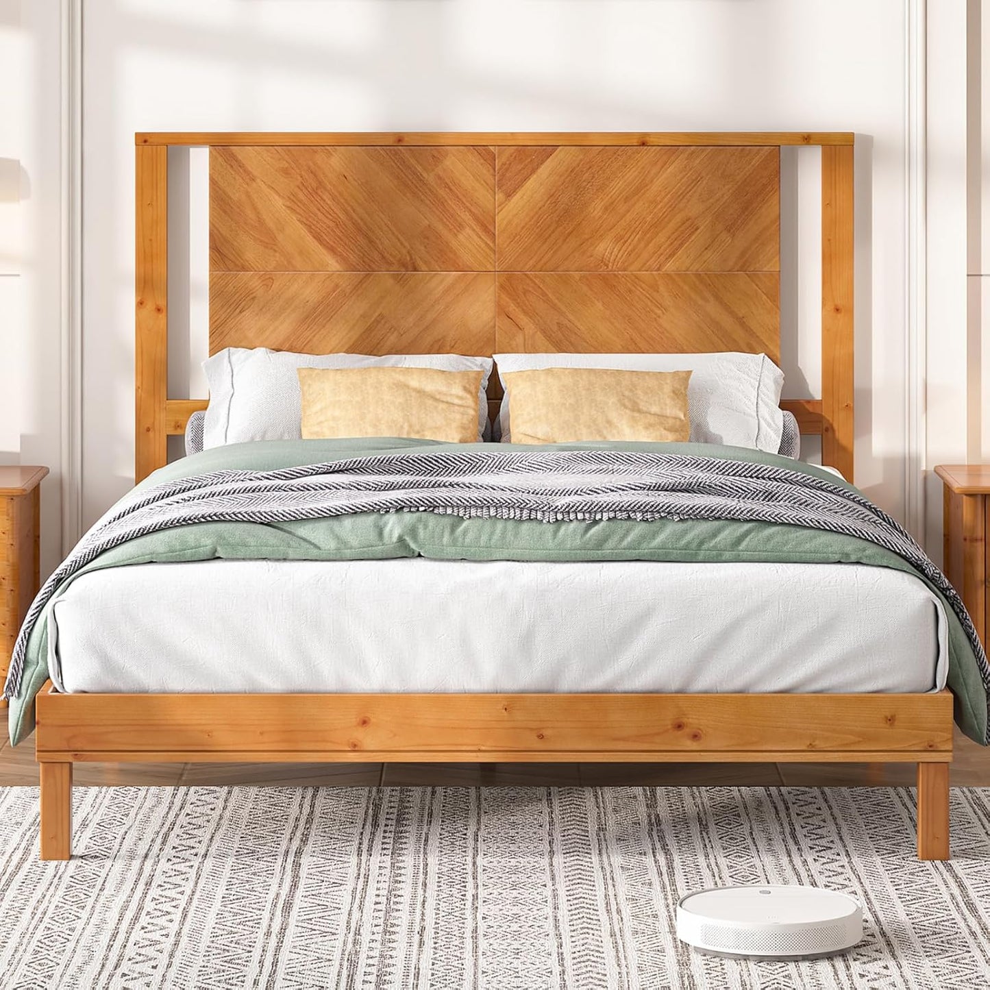Solid Wood Queen Size Bed, Mid Century Modern Style Bedroom Furniture, Dark Brown