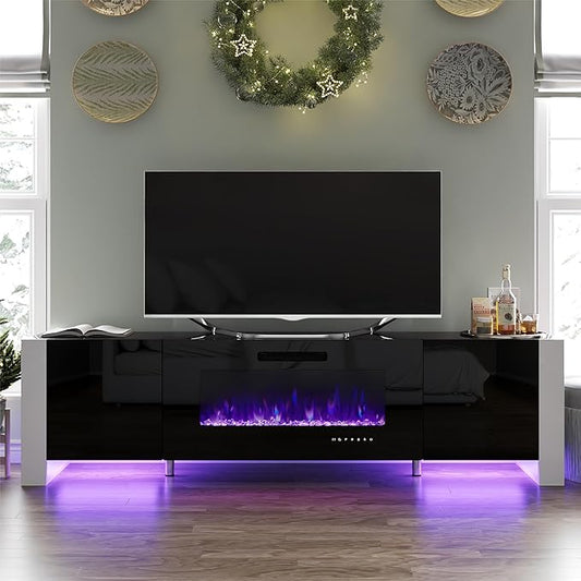 70" Fireplace TV Stand with 36" Electric Fireplace, High Gloss Entertainment Center with LED Lights, Modern Entertainment Stand for TVs up to 80", Black