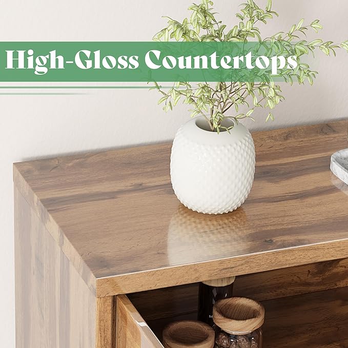 63'' Buffet Cabinet, High Gloss Wooden Sideboard with 4 Glass Door, Sideboard Buffets Cabinet with Storage for Dining Room, Living Room, Kitchen, Oak