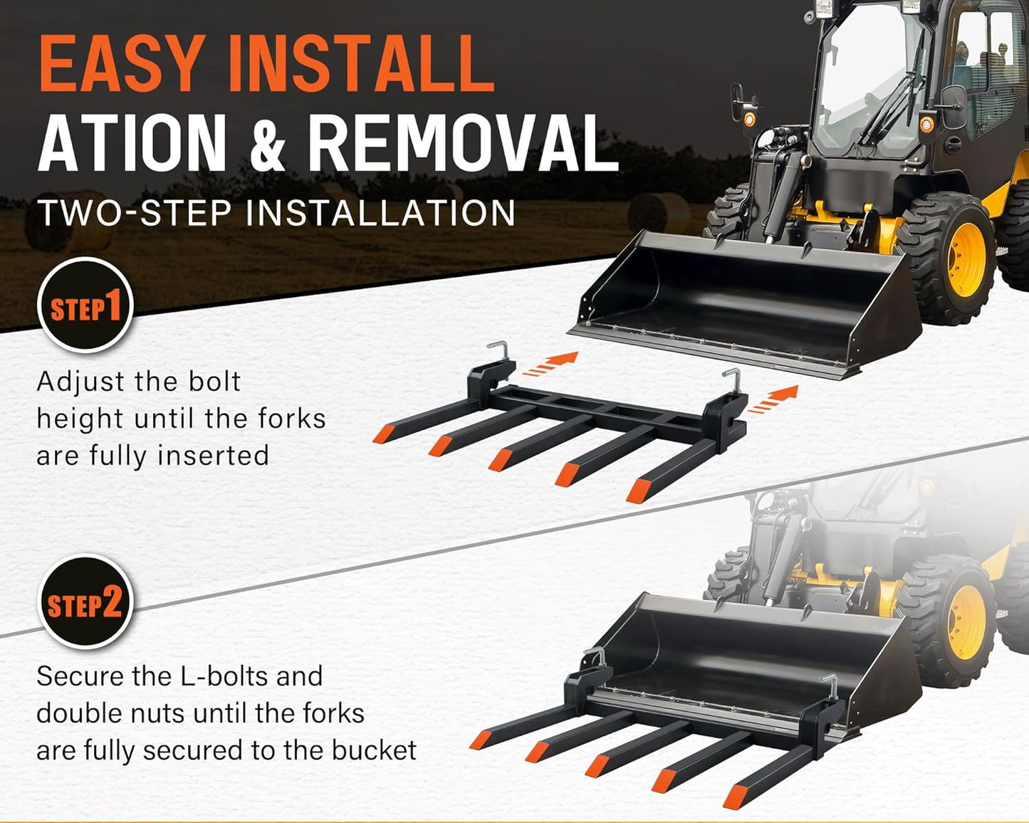 Pallet Forks for Tractor Forks to 48”, 2500 lbs Capacity Heavy-Duty 5-Tine Bucket Forks, double nut construction, to Clean Debris, or Backyard Trash, Black