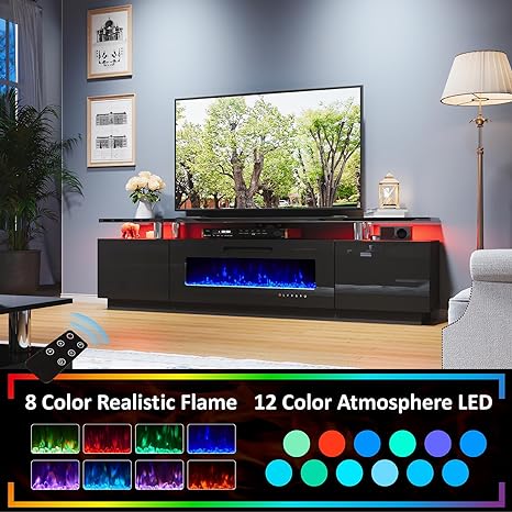 PLAUIN Fireplace TV Stand with 40" Fireplace, 80" Modern High Gloss Fireplace Entertainment Center LED Lights, 2 Tier TV Console Cabinet for TVs Up to 90"