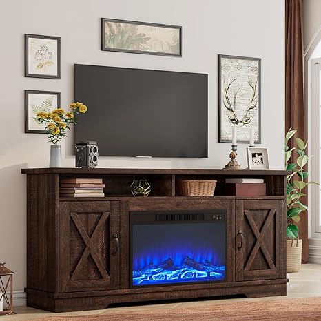 VANACC 63" TV Stand with 26" Electric Fireplace, 63" Wood Rustic Entertainment Center with Fireplace and Barn Doors, Modern Media TV Console Cabinet with Adjustable Shelves